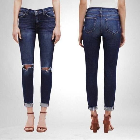 L'AGENCE Rachel Ripped Crop Slim Fit Blue Slouch Cuffed Jeans Size 24 Stretch - Picture 1 of 16